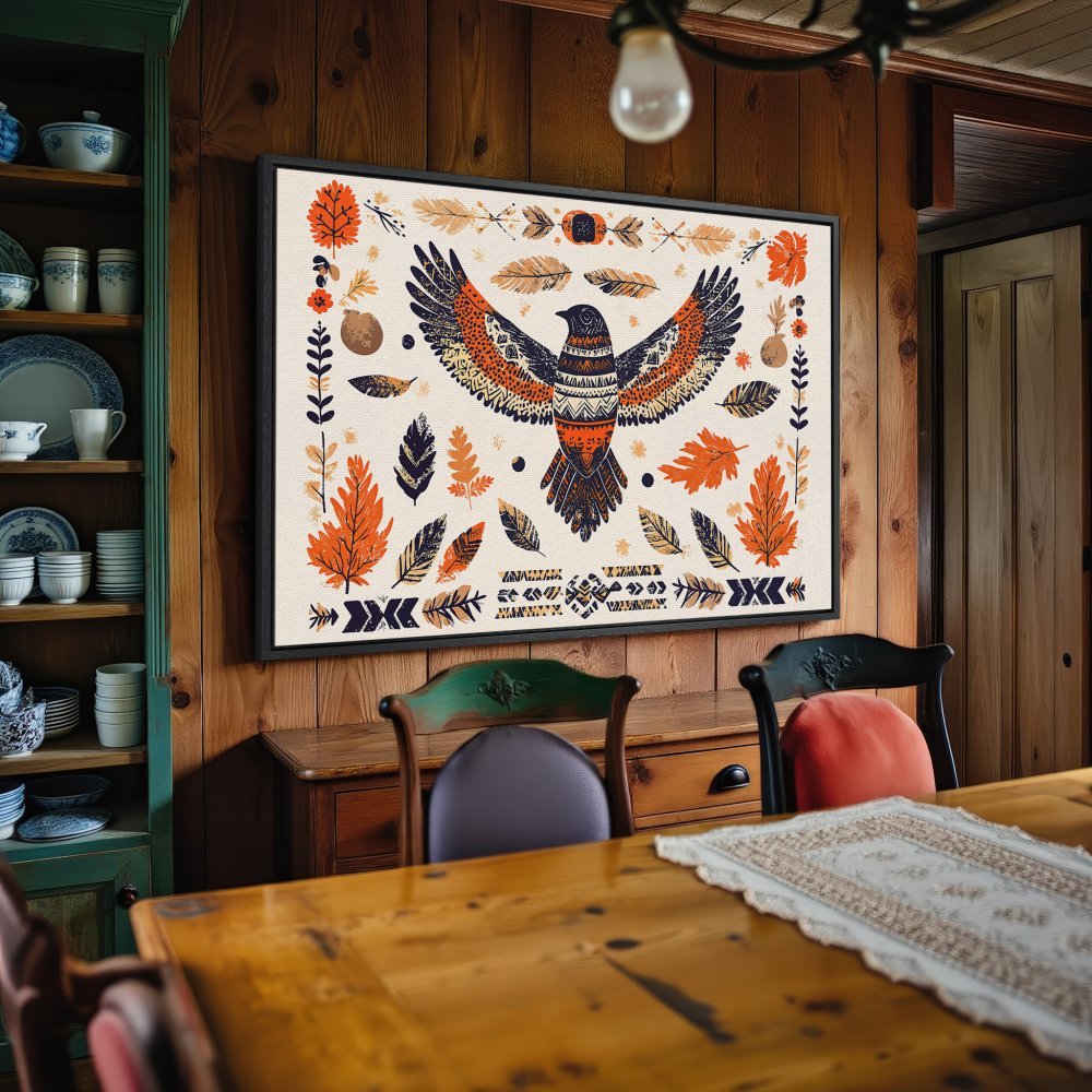 Framed Wall Art: Boho-style canvas print featuring a majestic bird with orange, black, and cream color palette, perfect for rustic home decor.