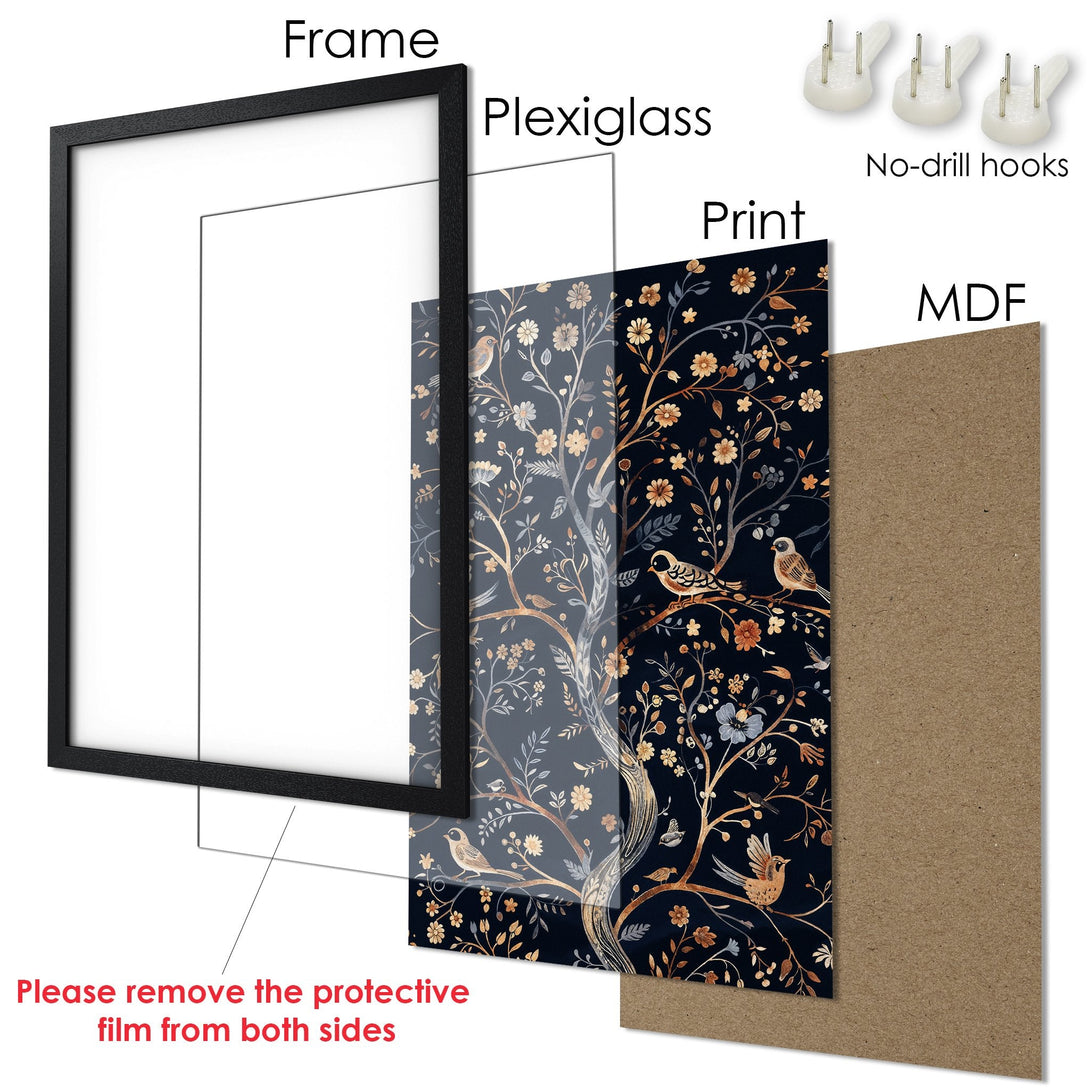 Framed Poster featuring a botanical design with birds, in a dark blue, gold, and gray color palette. Perfect wall art!
