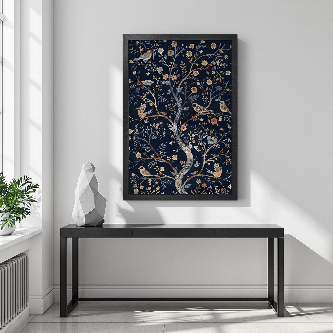 Framed Poster featuring a tree with birds, in a vintage style with a dark blue and gold color palette. Perfect wall art!
