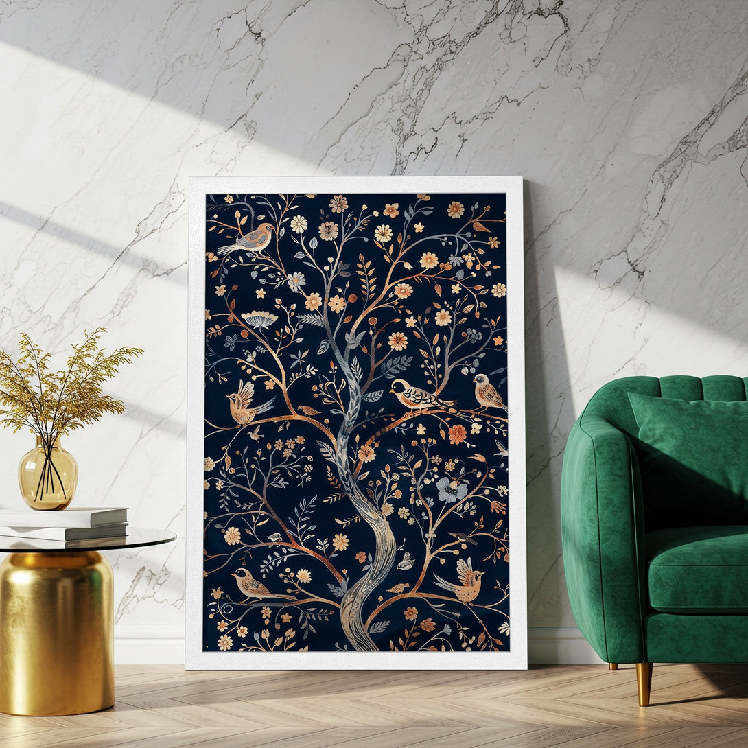 Framed Poster featuring a tree with birds, in a dark blue, gold, and beige color palette. Perfect wall art!