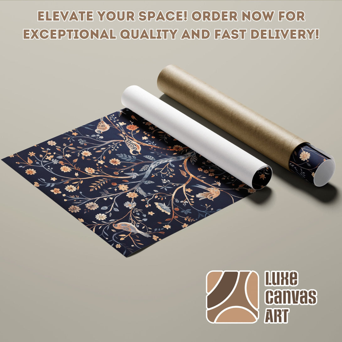 Poster Roll featuring a floral design in a navy and gold color palette. Elevate your space!