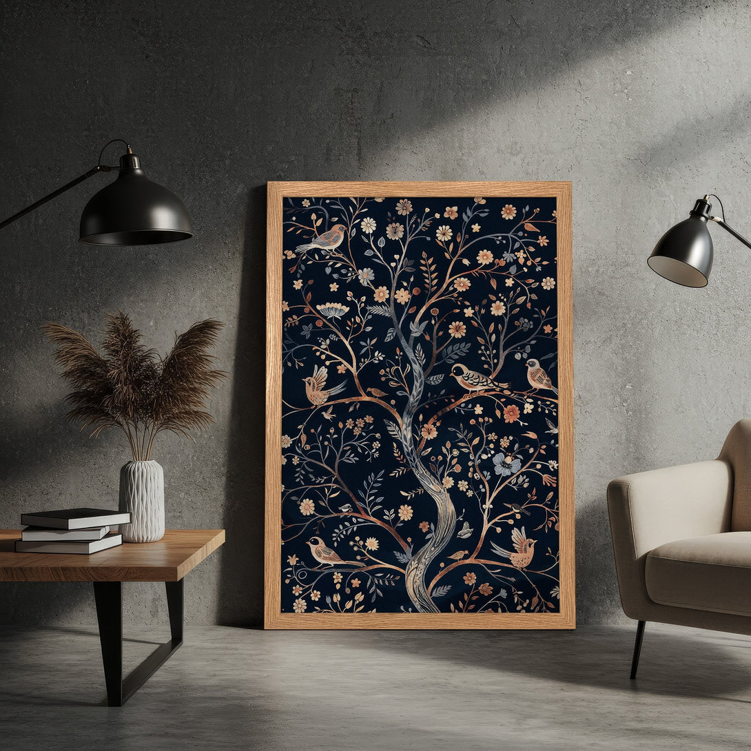 Framed Poster featuring a tree with birds and flowers, in a vintage style with a dark blue and gold color palette.