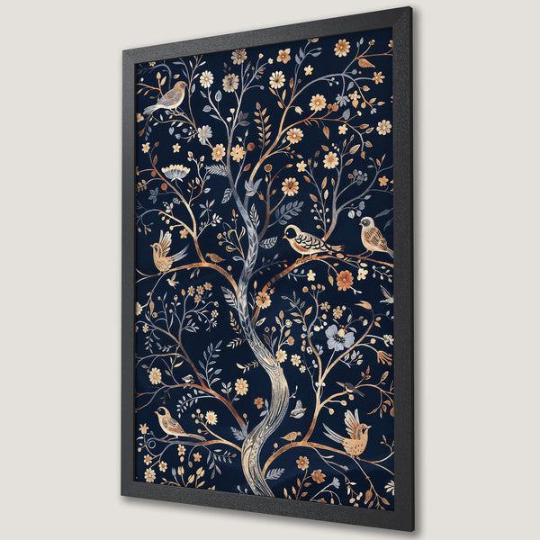 Framed Poster featuring a tree with birds, in a vintage style with a navy and gold color palette. Perfect wall art!