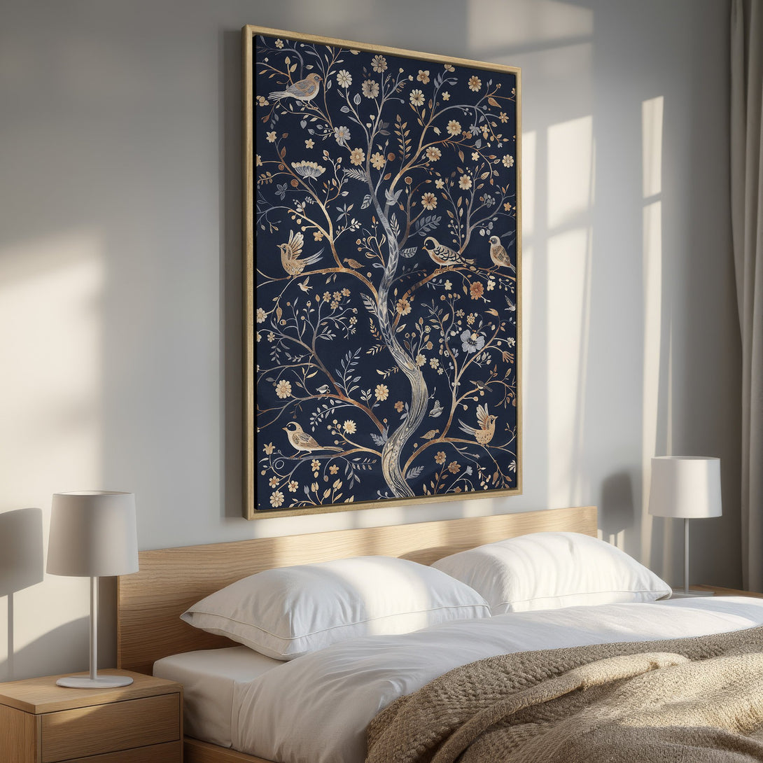 Framed Wall Art: Elegant tree and bird design in navy, gold, and beige. Perfect bedroom decor. Enhance your space with this stunning canvas print!