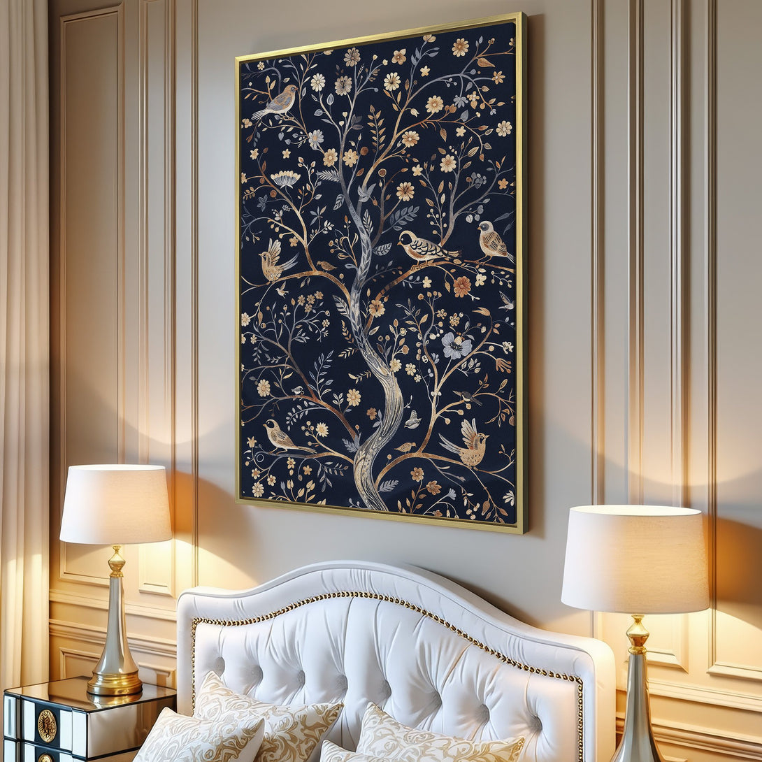 Canvas Print featuring a tree with birds in a botanical style, with a navy and gold color palette, perfect for home decor.