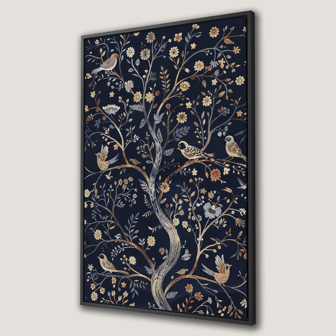 Framed Wall Art featuring a whimsical tree with birds in a navy and gold color palette. Perfect for adding a touch of nature-inspired elegance to your home.