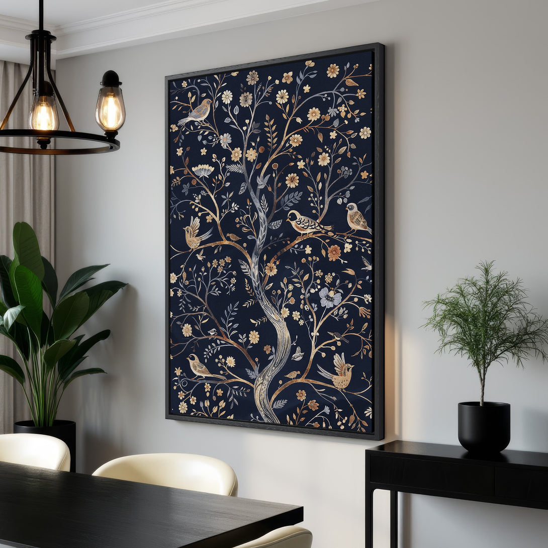 Framed Wall Art: Elegant tree and bird design in navy, gold, and beige tones. Perfect for adding a touch of nature-inspired art to your home decor.