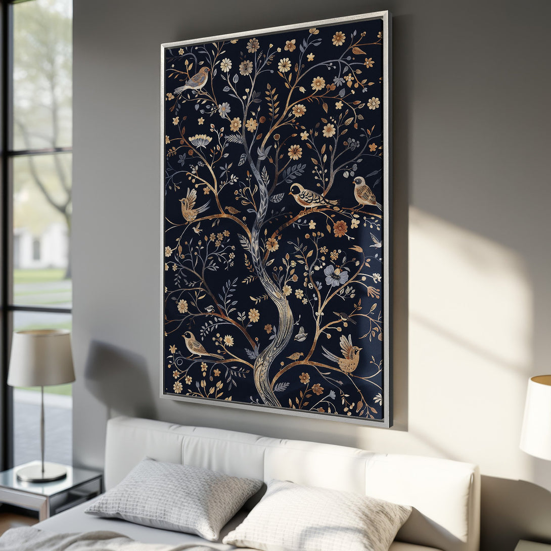 Framed Wall Art: Elegant tree and birds design in navy, gold, and gray tones. Perfect for bedroom decor. Canvas Print adds a touch of nature.