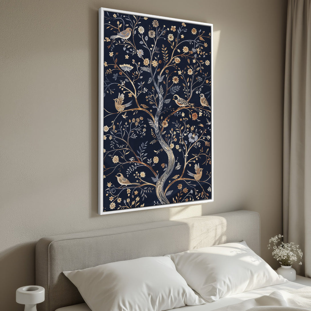 Framed Wall Art: Elegant tree and bird design in navy, gold, and beige. Perfect for bedroom decor. Enhance your space with this stylish canvas print.