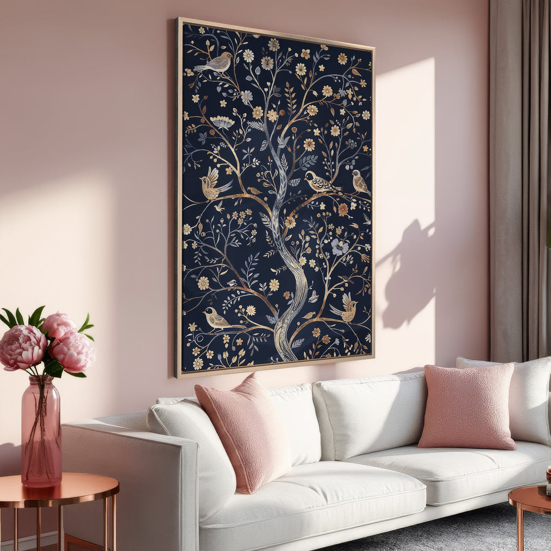 Framed Wall Art featuring a tree with birds in a navy and gold color palette. A beautiful addition to any living room!