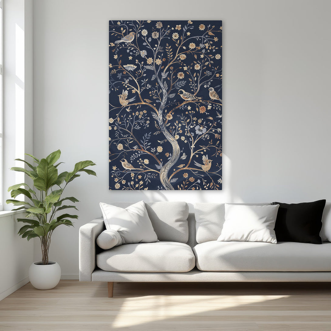Framed Wall Art: Elegant tree and bird design in navy, gold, and cream. Perfect for bedroom decor, adds a touch of sophistication and style.