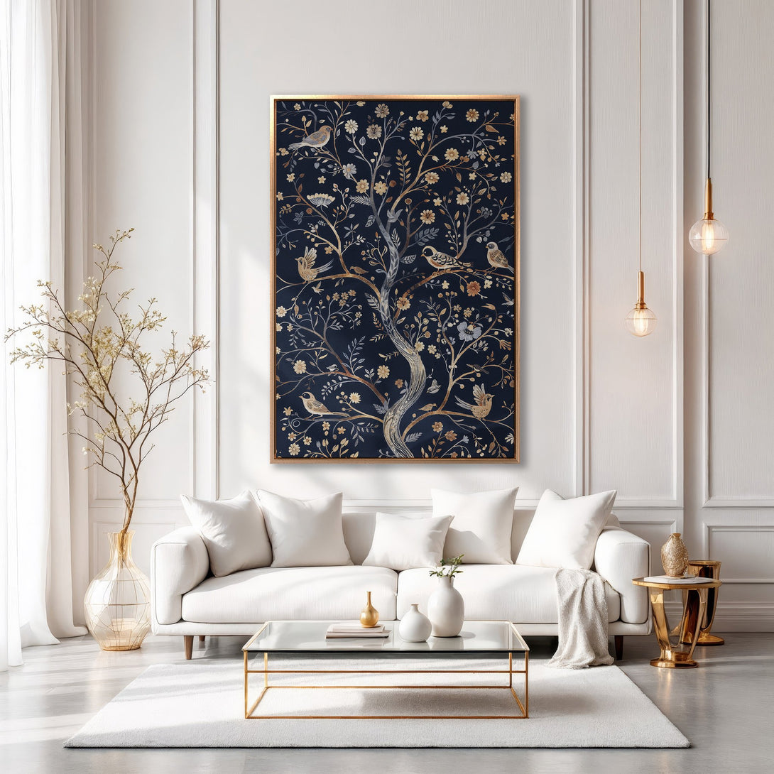 Framed Wall Art: Elegant tree and bird design in navy, gold, and beige. Perfect for adding a touch of sophistication to your living room decor.