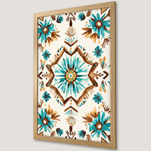 Framed Poster featuring watercolor floral design in teal, brown, and cream. Perfect wall art for a boho or modern home decor.