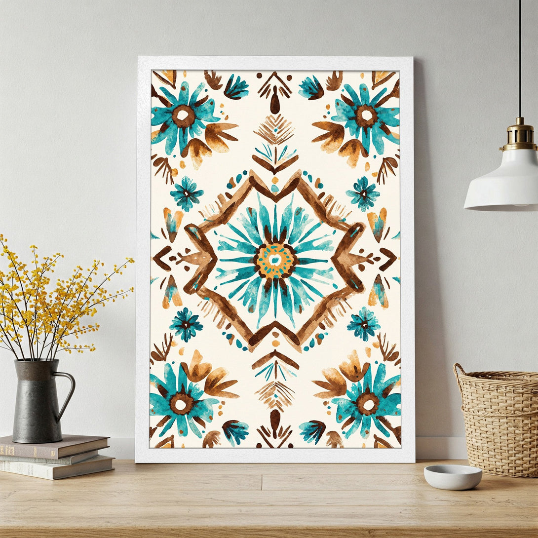 Framed Poster featuring a watercolor floral design in turquoise and brown on a cream background. Perfect wall art!
