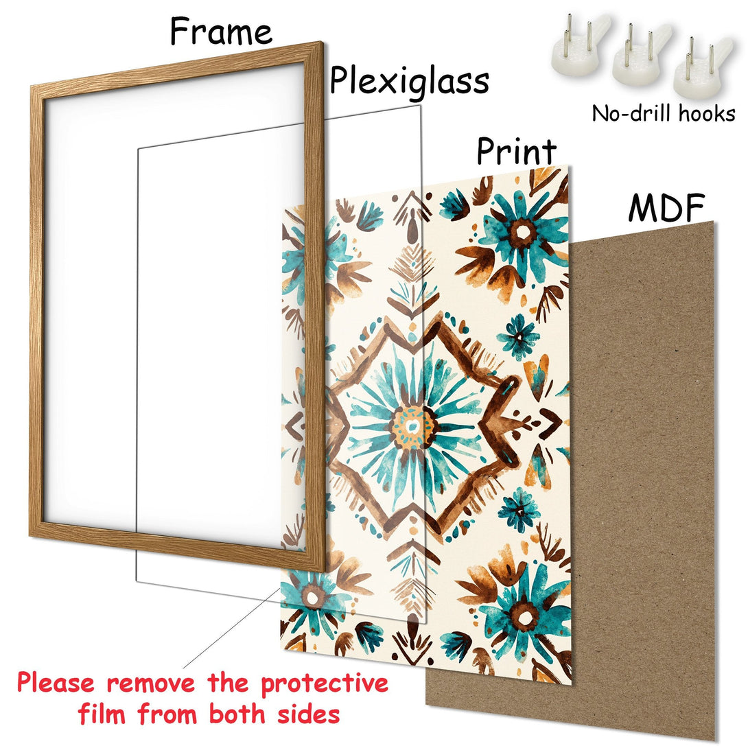 Framed Poster with floral design in teal and brown. Add a touch of art to your home! Ready to hang.