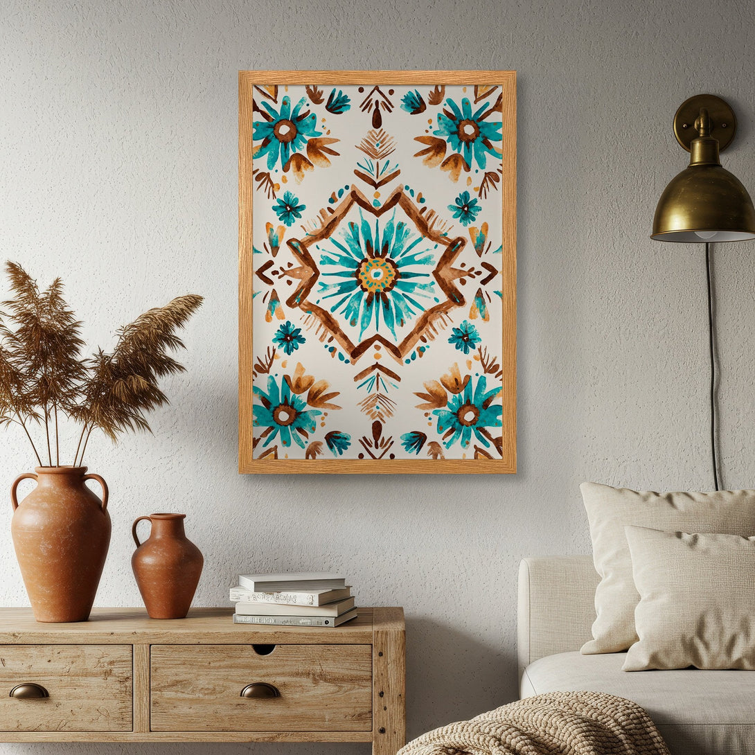 Framed Poster with watercolor floral design in teal, brown, and beige. Perfect wall art for any space.