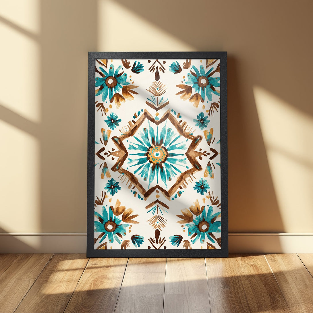 Framed Poster featuring a watercolor floral design in teal and brown. Add a touch of art to your space!