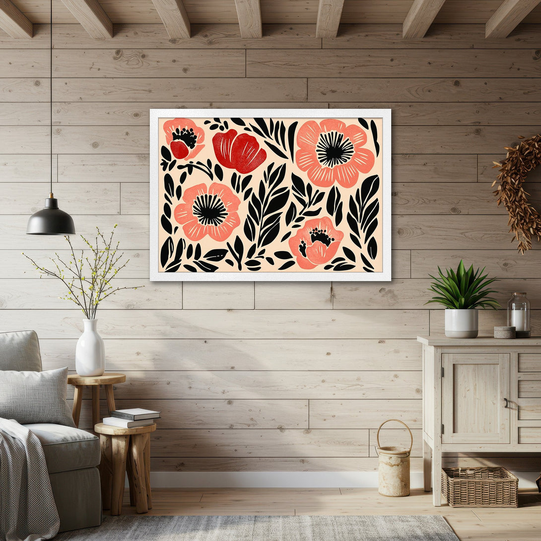 Framed Poster featuring a floral design in a modern style with a coral, black, and beige color palette. Perfect wall art!