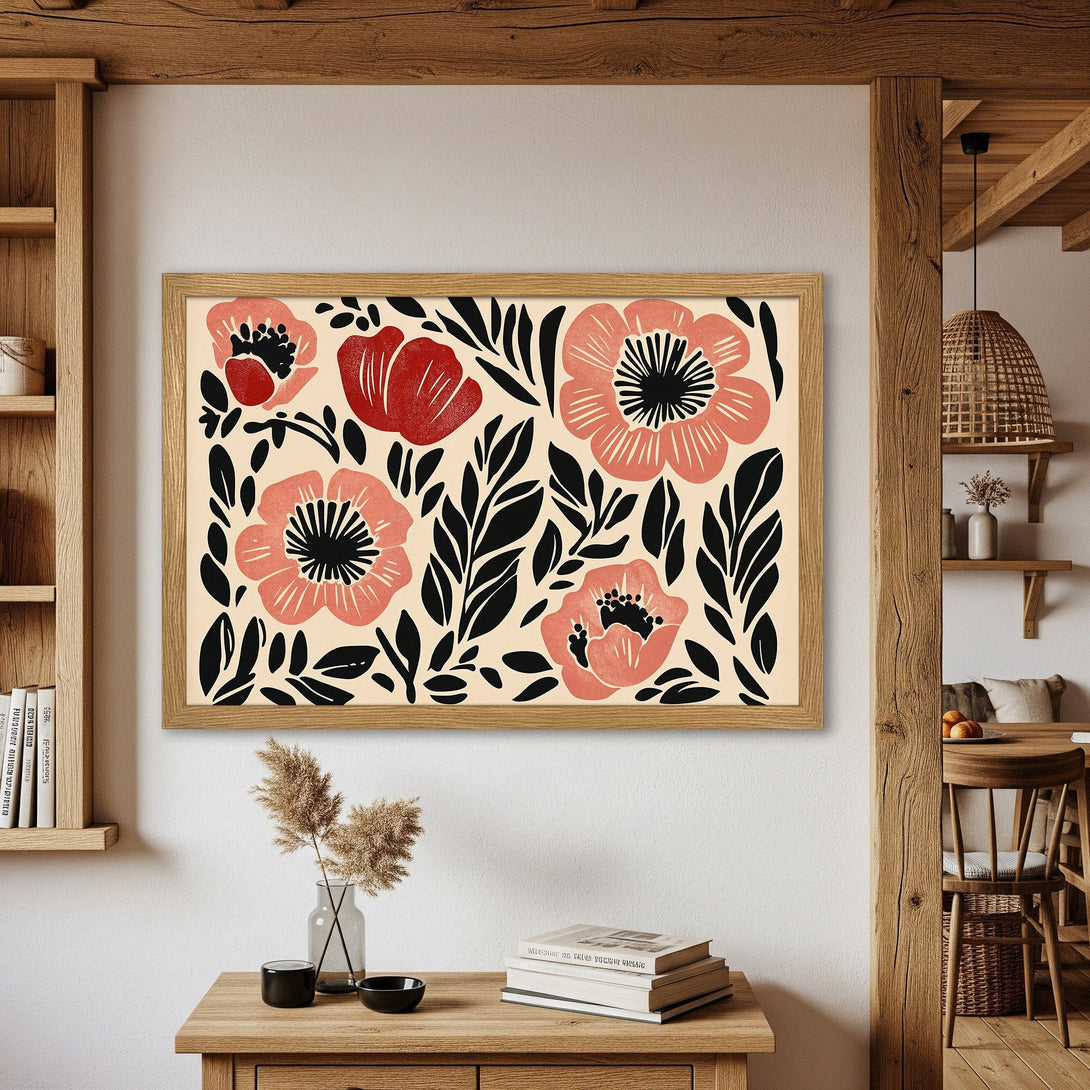 Framed Poster featuring floral art in a modern, minimalist style. Red, black, and cream color palette. Perfect for adding a touch of elegance.
