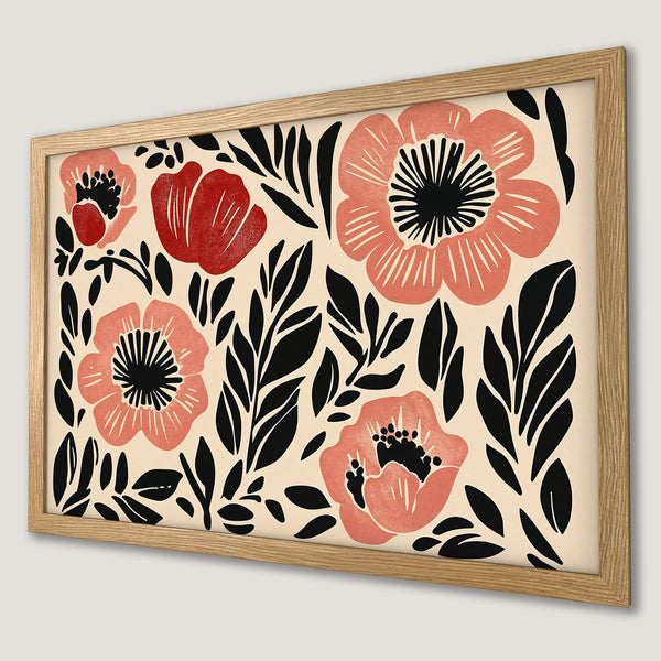 Framed Poster featuring floral art in a modern style. Red, black, and cream color palette. Perfect wall decor!