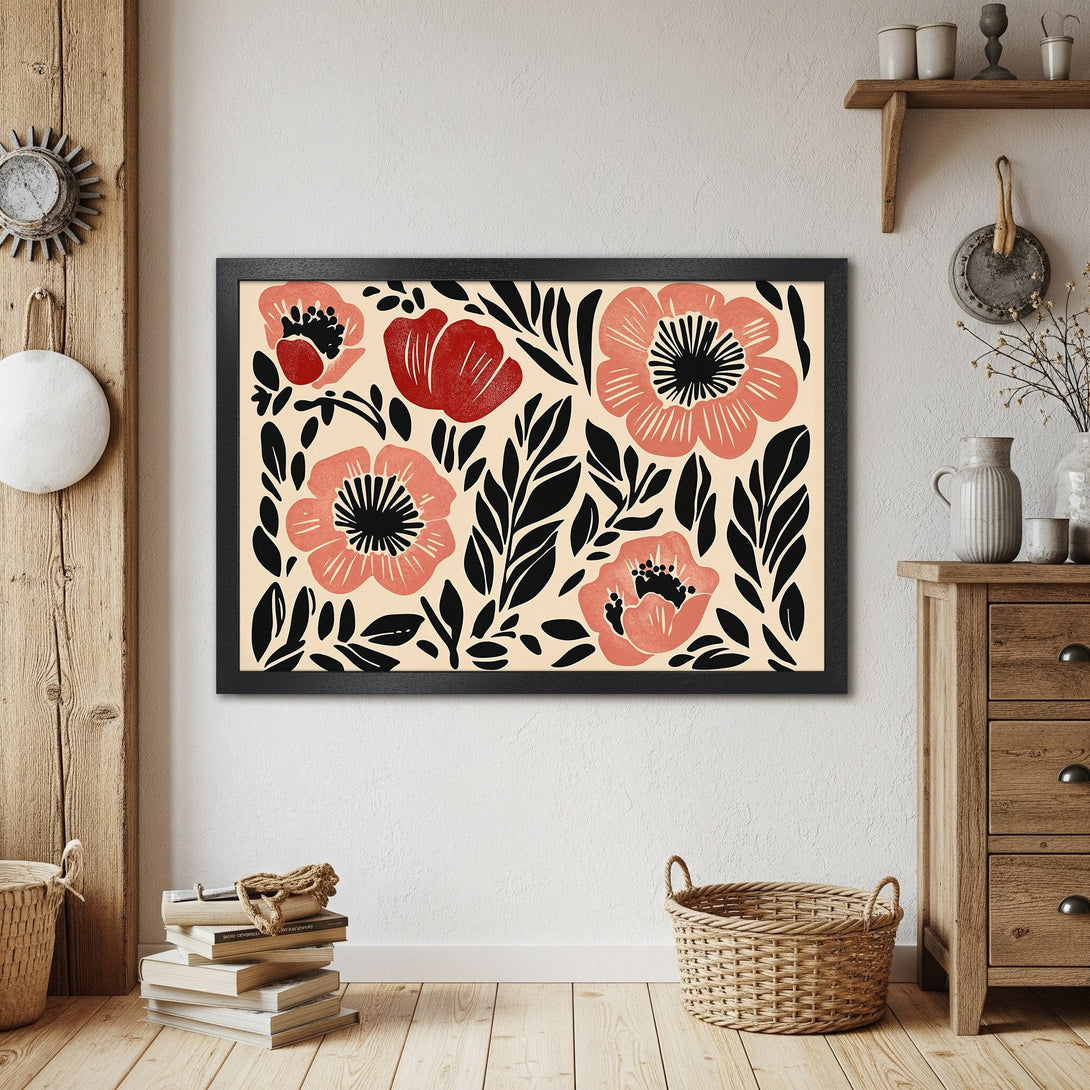 Framed Poster featuring floral art in red, black, and cream. Modern style, perfect wall decor for living room or bedroom.
