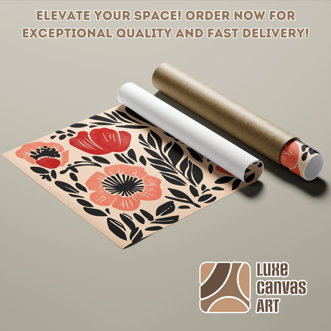 Floral Poster Roll in red, black, and beige. Modern art for your home.