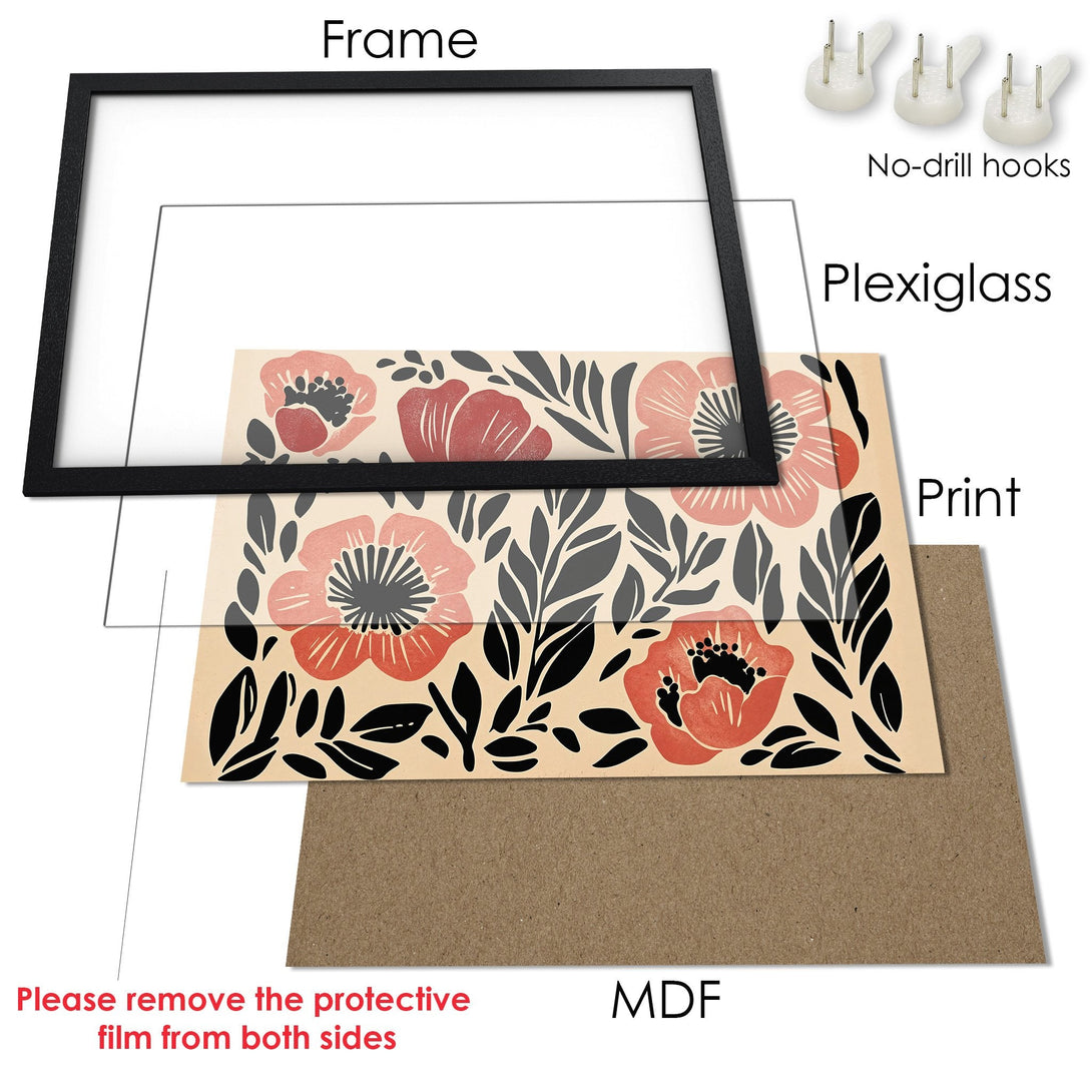 Framed Poster with floral design in a modern style, featuring a warm color palette of red, black, and beige. Ready to hang!