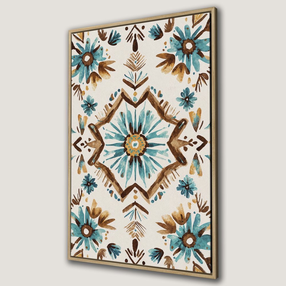 Framed Wall Art: Watercolor floral print in teal, brown, and cream. Bohemian style Canvas Print perfect for your home decor.