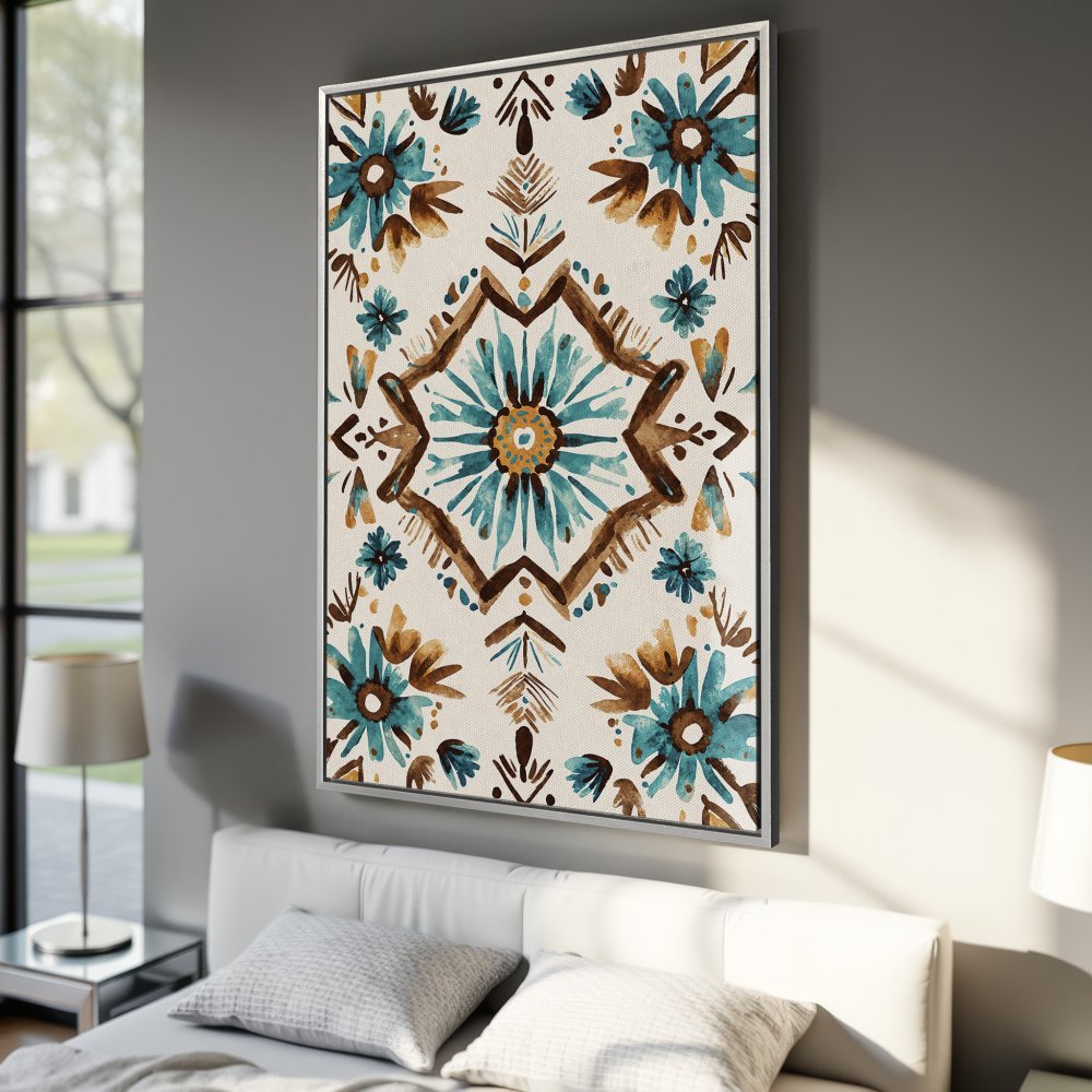 Framed Wall Art: Watercolor floral design in teal, brown, and beige. Perfect for adding a touch of bohemian style to your bedroom decor.