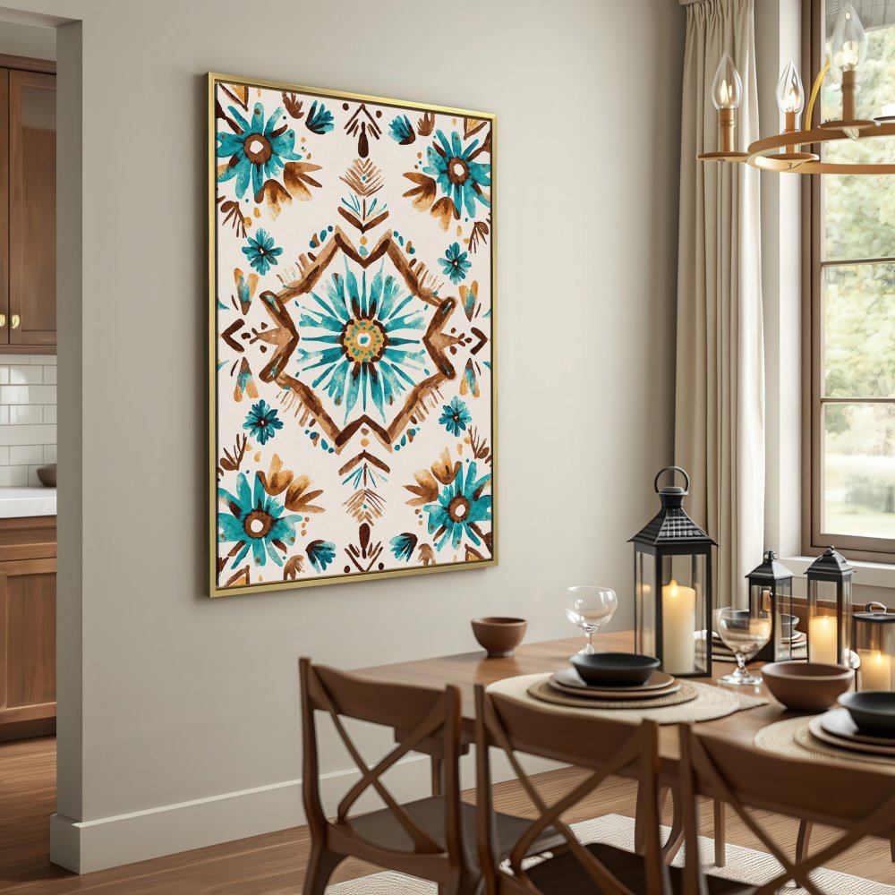 Canvas Print featuring a watercolor floral pattern in teal, brown, and beige. Bohemian style wall art for your home.
