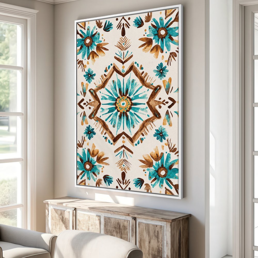 Framed Wall Art featuring a watercolor floral design in teal, brown, and beige. Perfect for adding a touch of boho style to your home decor.