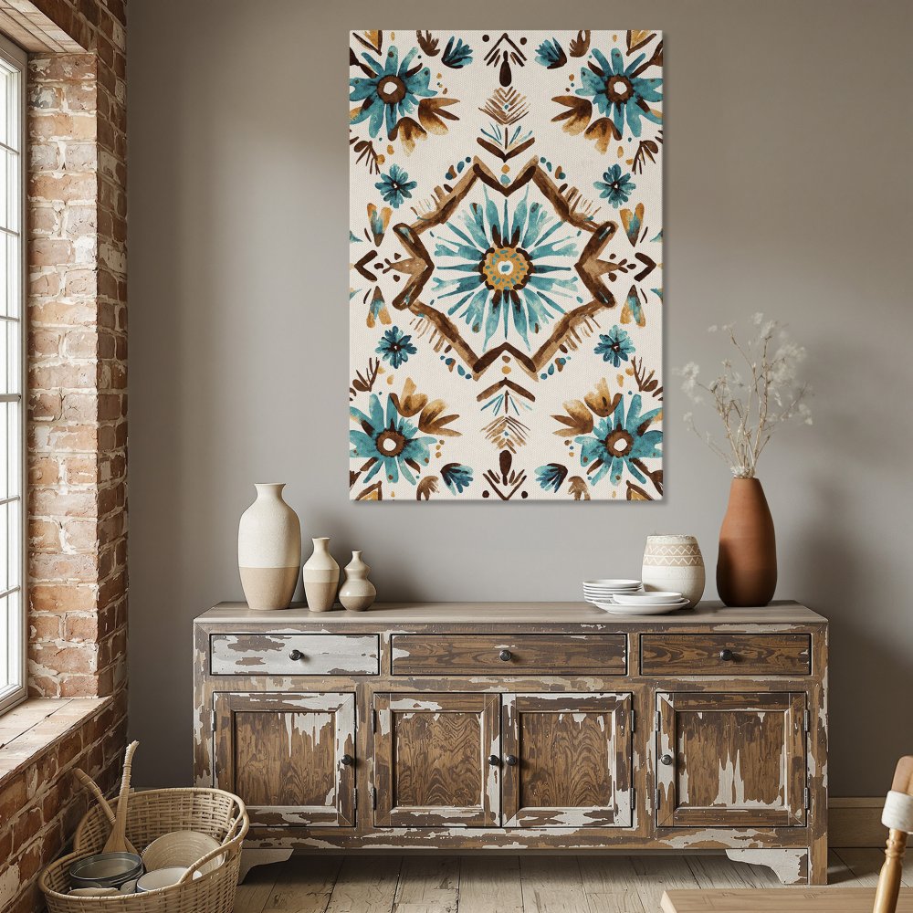 Framed Wall Art: Watercolor floral design in teal, brown, and gold. Adds a touch of bohemian style to your dining room. Shop now!
