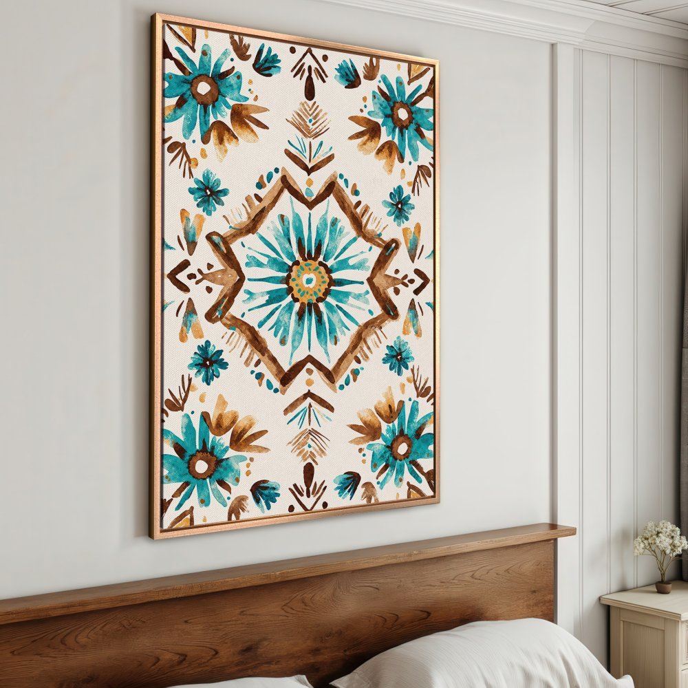 Framed Wall Art: Watercolor floral print in teal, brown, and gold. Bohemian style canvas print adds a touch of elegance to any room.