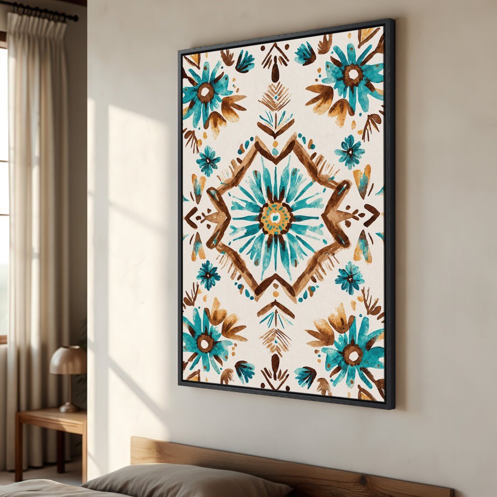 Framed Wall Art: Bohemian floral Canvas Print in turquoise and brown. Elevate your space with this watercolor-style art piece!