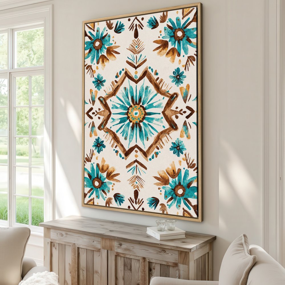 Framed Wall Art: Watercolor floral design in teal, brown, and gold. Perfect for adding a touch of bohemian style to your home decor.