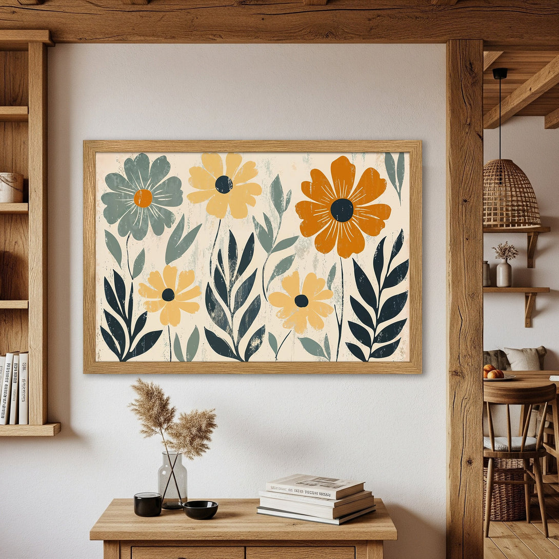 Framed Poster featuring floral art in a boho style with a warm color palette, perfect for adding a touch of nature to your home decor.