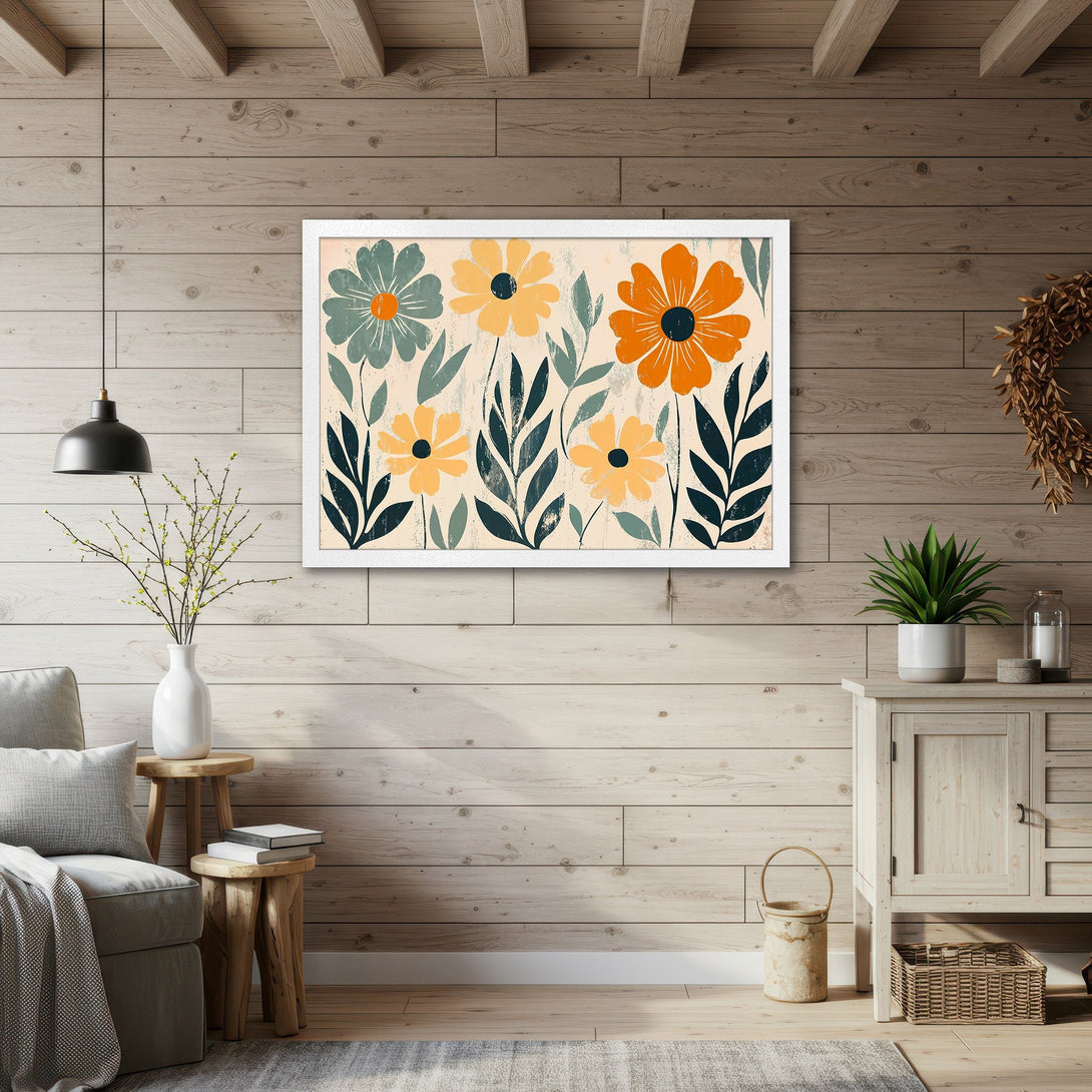 Framed Poster featuring a floral design in a modern, minimalist style with a warm, earthy color palette. Perfect wall art!