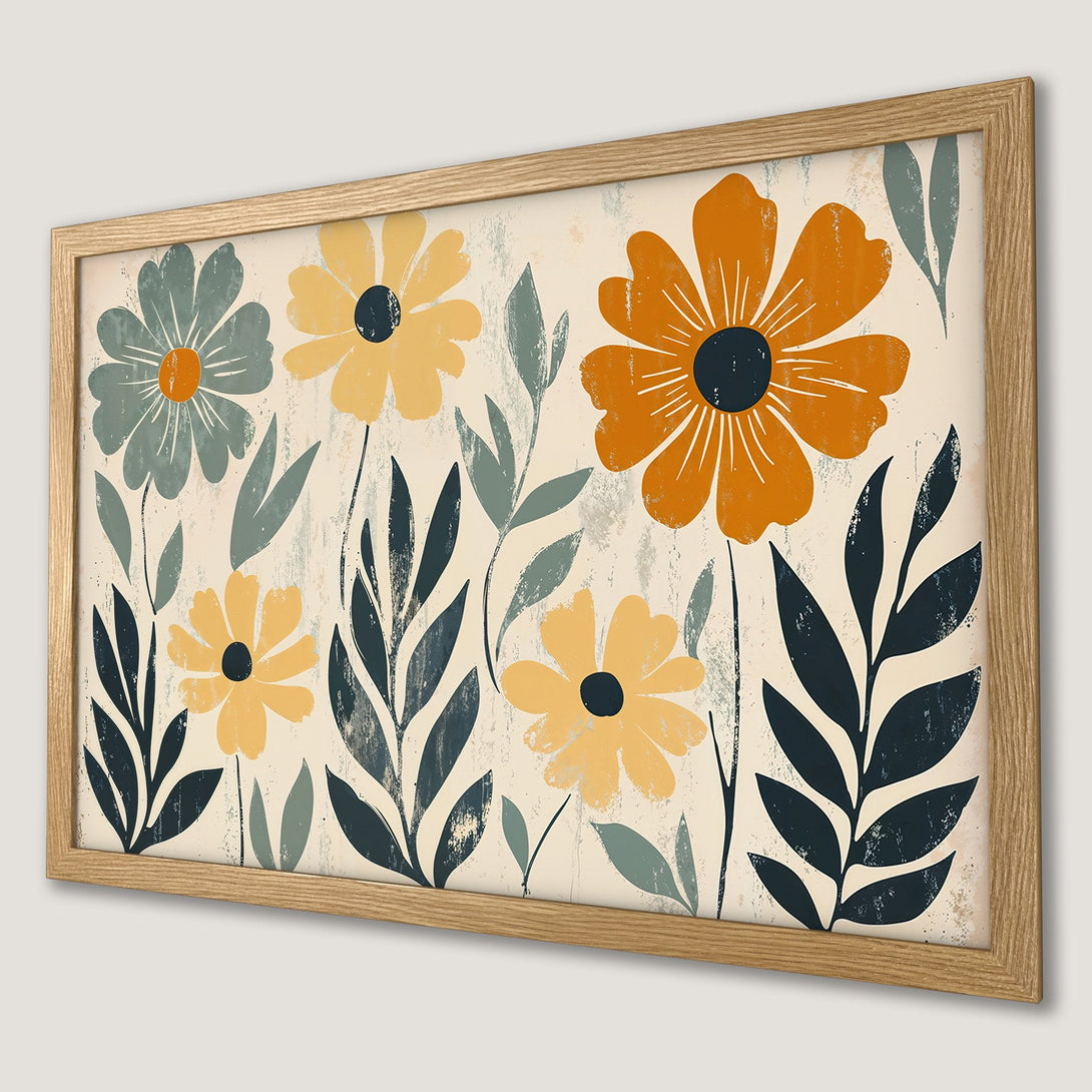Framed Poster featuring floral art in a vintage style with a warm color palette of yellow, orange, and blue. Perfect wall decor!