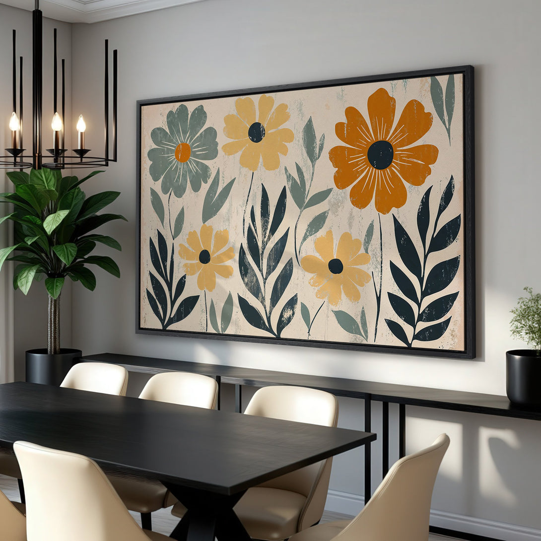 Framed Wall Art: Abstract floral Canvas Print in muted orange, yellow, and teal. Modern botanical art for dining room decor.