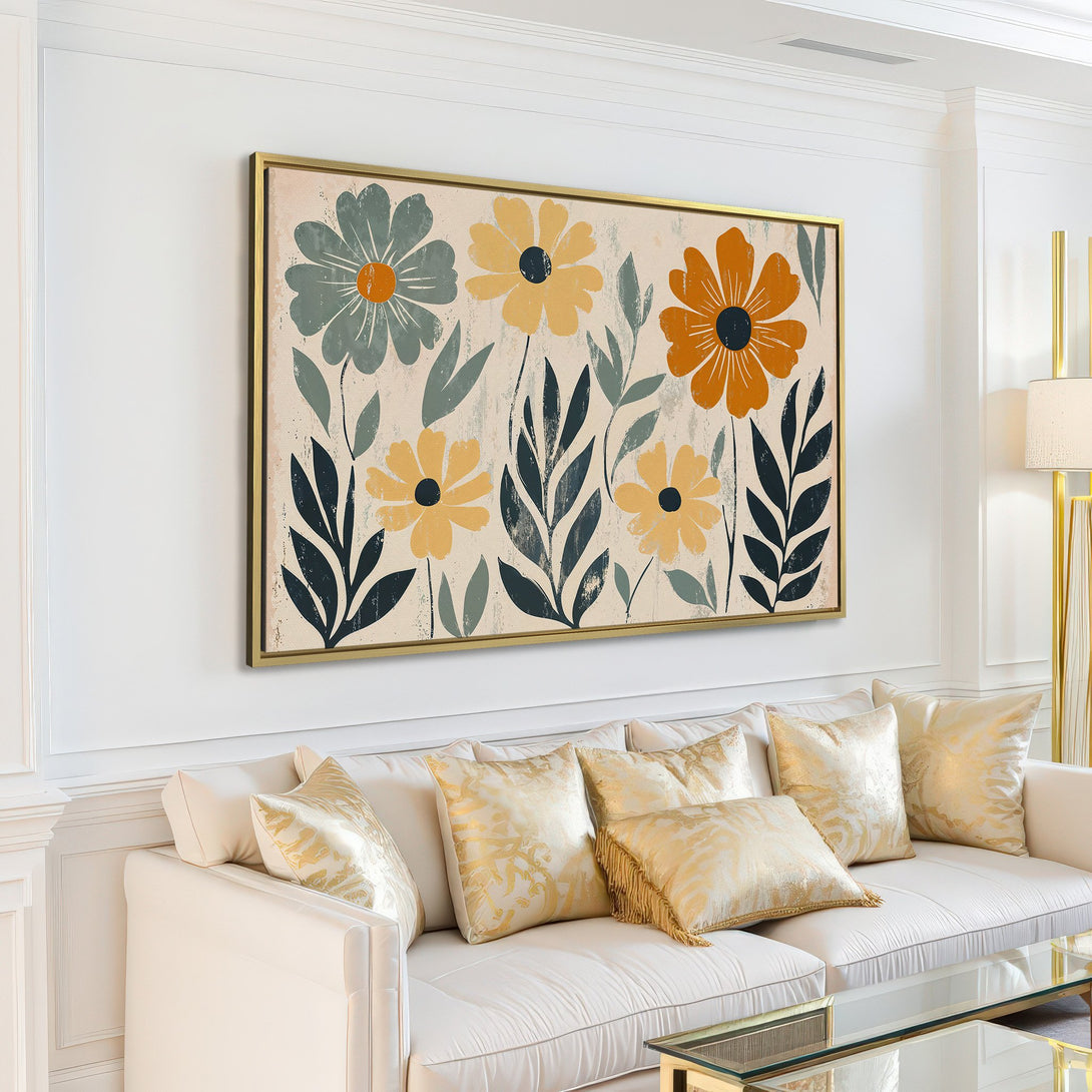 Canvas Print of floral artwork with a neutral color palette, perfect for adding a touch of nature to your living room.