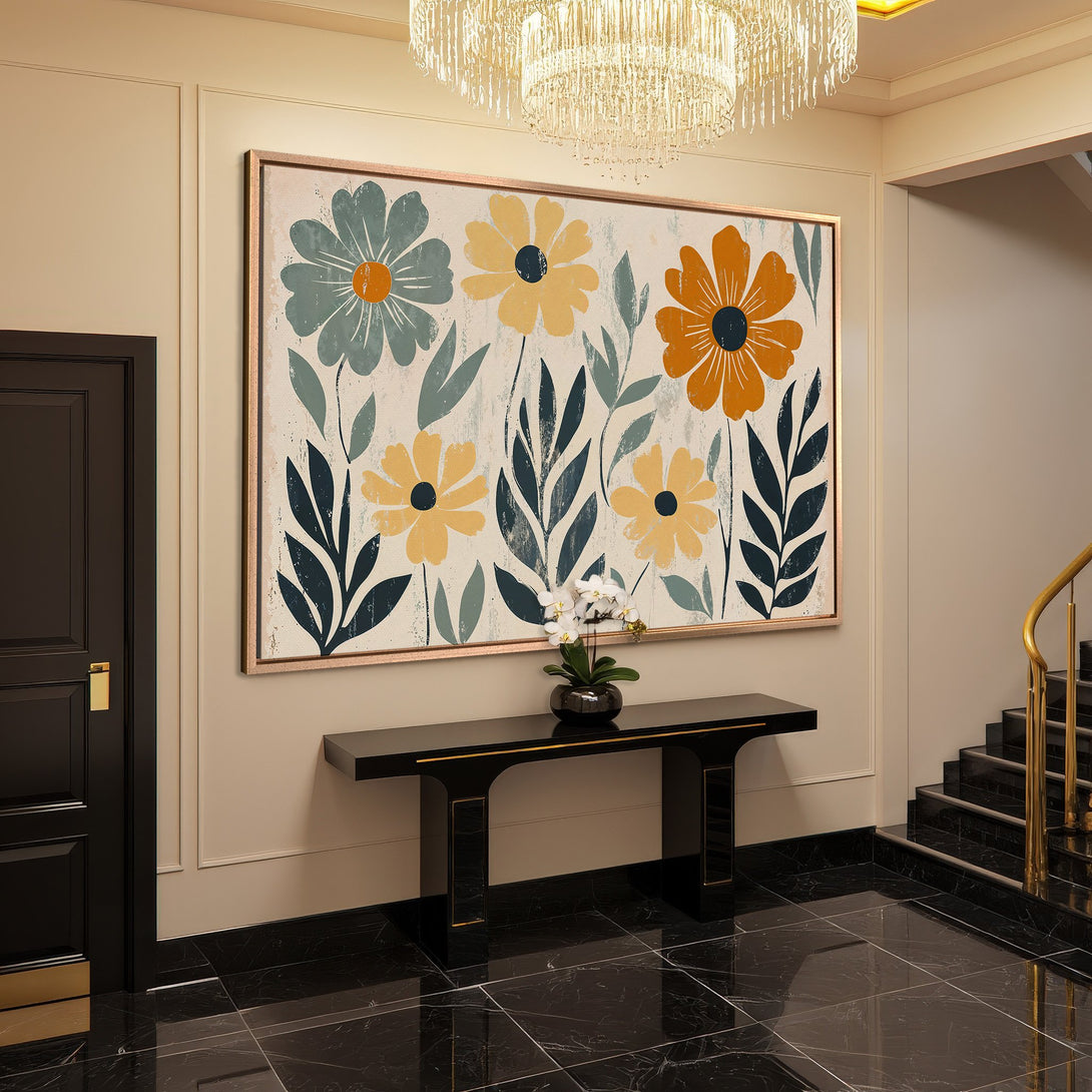 Framed Wall Art: Abstract floral Canvas Print in muted yellow, orange, and teal. Modern art for a stylish interior.
