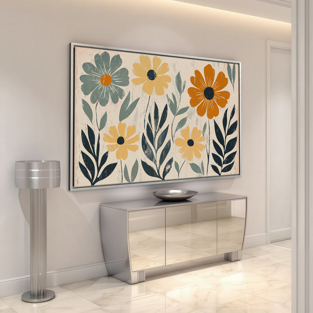 Framed Wall Art: Abstract floral Canvas Print in muted tones of yellow, orange, and teal. Adds a touch of modern art to any interior space.