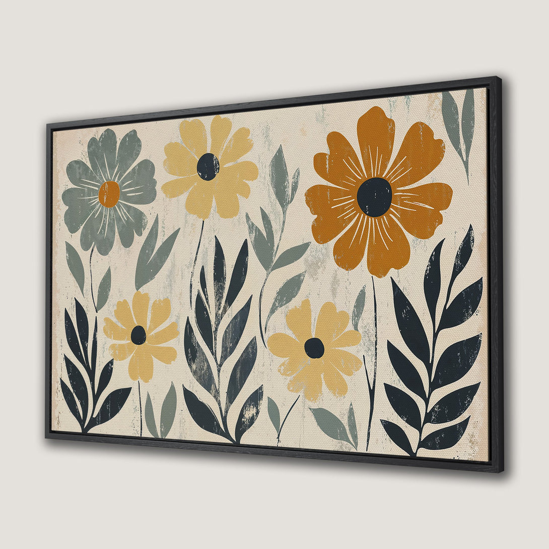 Framed Wall Art featuring a floral design in a mid-century modern style. Warm, earthy tones of yellow, orange, and blue create a calming aesthetic. Perfect for any space!