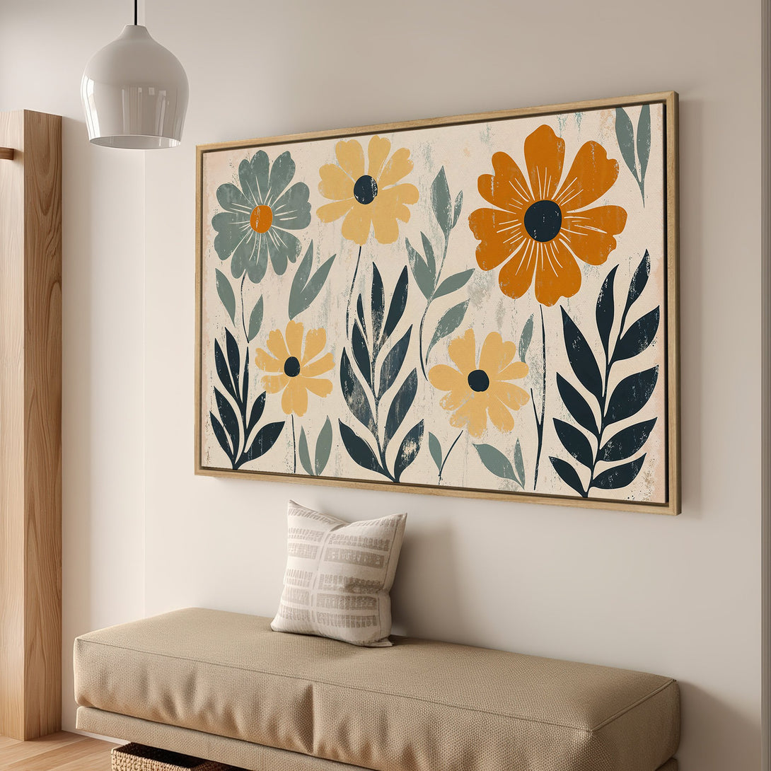 Framed Wall Art featuring a floral design with a modern, minimalist style. Warm, earthy tones of orange, yellow, and blue create a calming aesthetic.