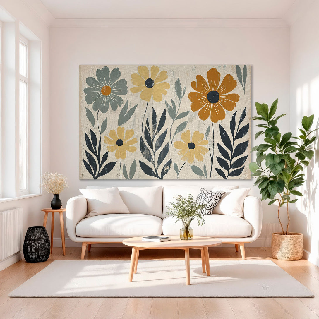 Framed Wall Art: Modern floral print in muted tones of yellow, orange, and blue. Perfect for adding a touch of art to your living room.