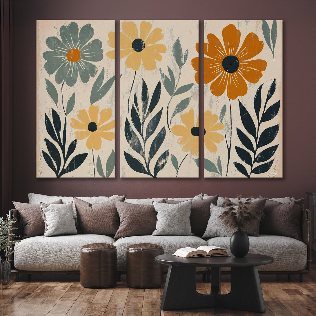 Abstract floral Canvas Print in warm tones. Featuring a modern, minimalist style with yellow, orange, and teal flowers. Perfect wall art for any interior.