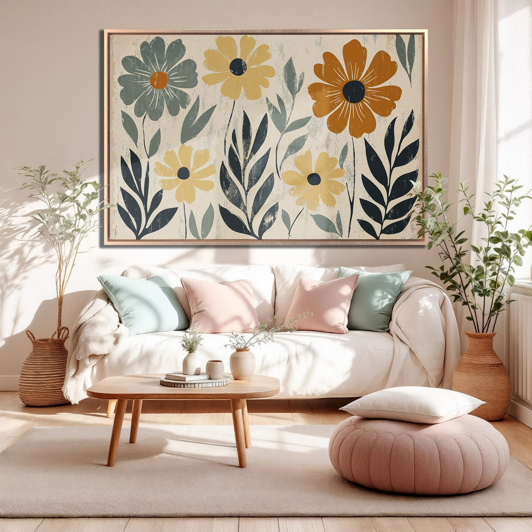 Framed Wall Art featuring a floral abstract design in muted yellow, blue, and orange tones. Perfect for adding a touch of modern art to your home decor.