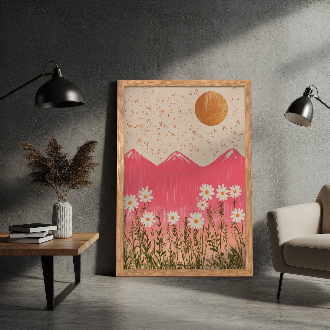 Framed Poster featuring a floral landscape in a modern, minimalist style with pink, beige, and orange hues. Perfect wall art for any room!