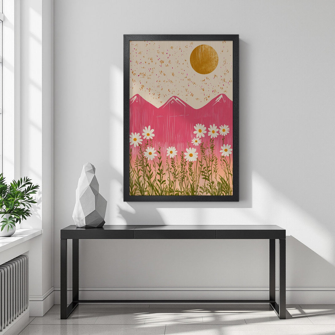 Framed Poster featuring a minimalist landscape with pink mountains, daisies, and a gold sun. Modern art print in a warm color palette.