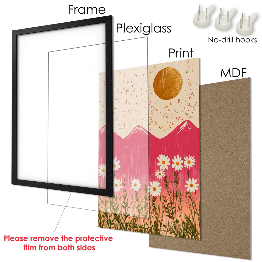 Framed Poster featuring a floral landscape in pink, orange, and beige. Modern art style for your home decor.